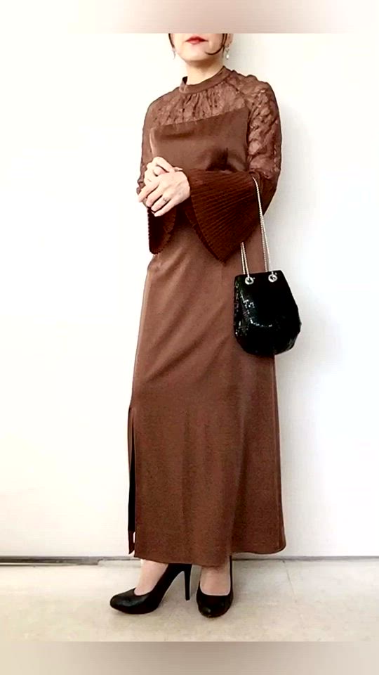 LEJA】レース切替スリットAラインロングドレスワンピース美脚効果結婚