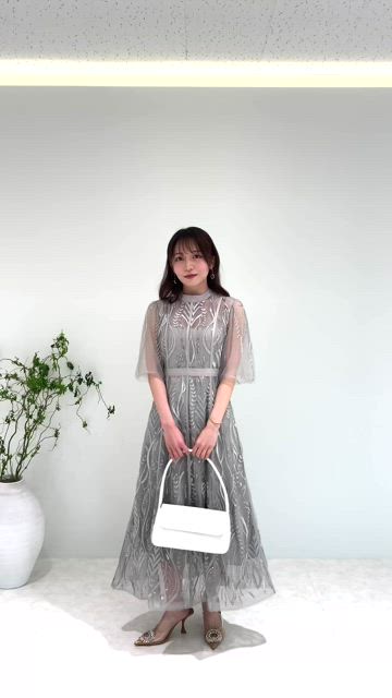 LEJA】スパンコール刺繍レースプチハイネックフリルロングドレス