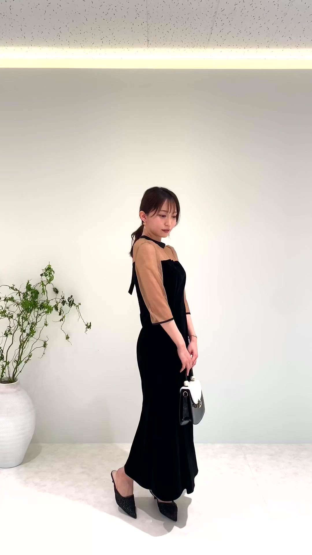 LEJA】バックリボン美脚効果シアー切り替えマーメイドフレアドレス