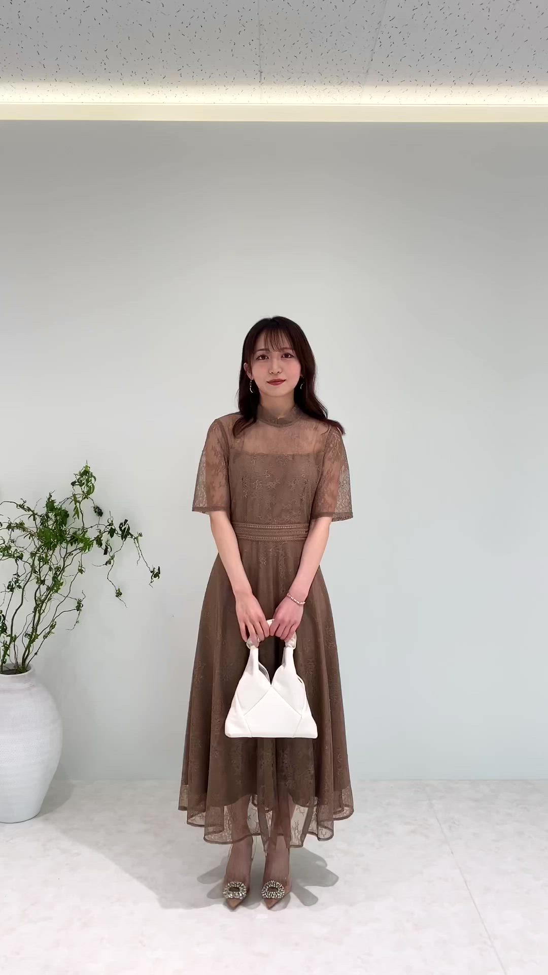 LEJA】ハイネック花柄レースウエストマーク透けロングドレス