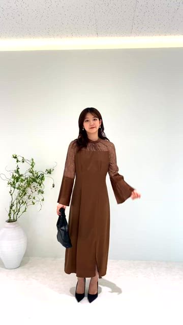 LEJA】レース切替スリットAラインロングドレスワンピース美脚効果結婚