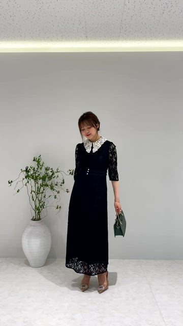 LEJA】レースビッグカラー花柄刺繍ウエストマークロングフレアドレス